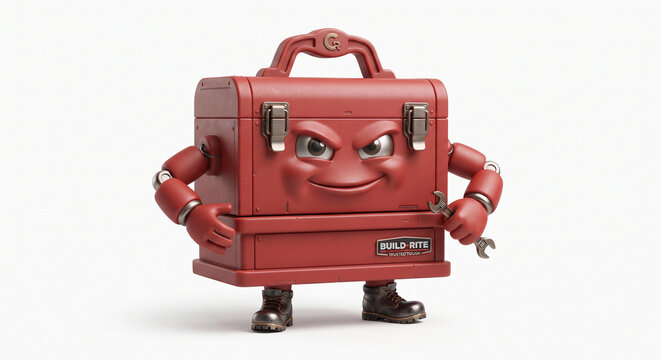 Strong red toolbox mascot holding wrench with confident smile. Modern construction branding character isolated on white.