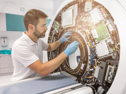 Engineer inspecting slip ring of CT scanner during maintenance