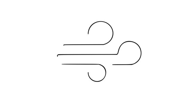 Minimalist vector illustration of wind gust lines and air flow symbol, hand-drawn outline style weather icon, scalable graphic design element for environmental applications, clean line art aesthetic