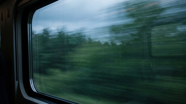 High-speed train window view with motion blur effect. Fast travel landscape scenery through moving vehicle glass.