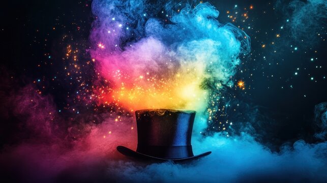 A top hat emerges from colorful smoke and sparks