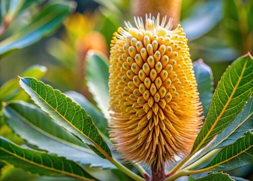 Close-up shot of Banksia flower with large leaves and numerous nuts on a branch