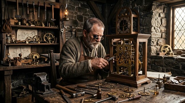 Medieval clockmaker assembling g&hellip;