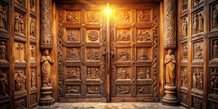Ancient wooden doors with intricate carvings of biblical scenes