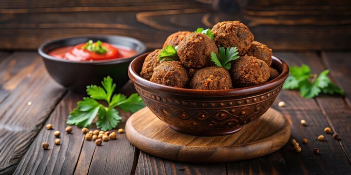 Dark Brown Falafel Balls with Red Sauce in Brown Bowl