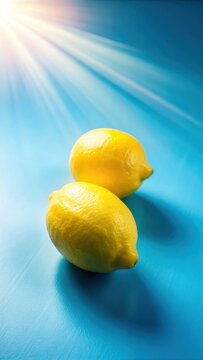 Two yellow lemons on a bright blue background with sunlight shining through the citrus fruits