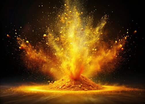 Vibrant golden spice particles erupting into a fiery explosion