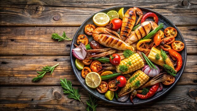 Colorful grilled seafood and vegetable platter on a wooden table with a rustic background