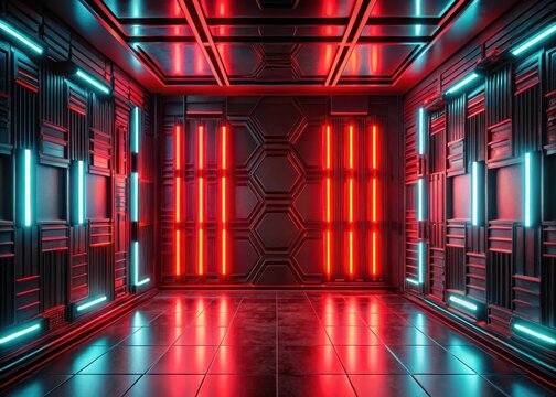 Futuristic sci-fi wall with glowing red neon lights and metallic panels in a dark