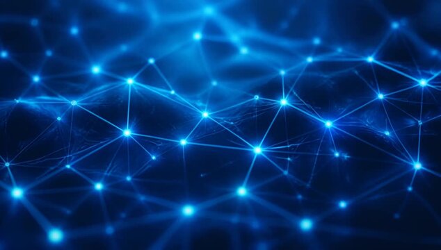 Digital network abstract blue glowing connection seamless looping pattern with futuristic light nodes and lines, abstract blue network glowing connection digital mesh dark background looping seamless