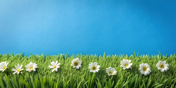 Artificial grass field with green blades and white flowers on a blue background