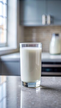 A glass of milk with condensation on the outside