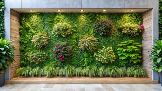 Minimalist flower wall decoration in a modern garden setting with clean lines and simple textures