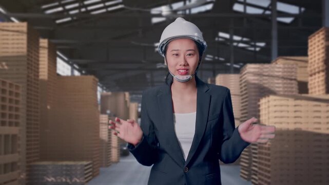 Front View of Asian Businesswoman Walking and Speech at Warehouse Interior with Stacked Wooden Pallets