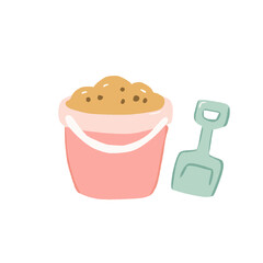 cute pink beach bucket with sand and mint green shovel  illustration
