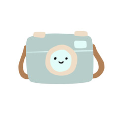 Cute mint green photo camera with smiley face illustration