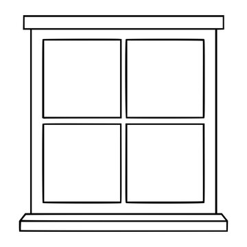 Window Frame Vector Icon Illustration. Minimalist line art of a four-pane window with wooden frame and sill, hand-drawn outline style, scalable graphic design element for architecture, home decor and