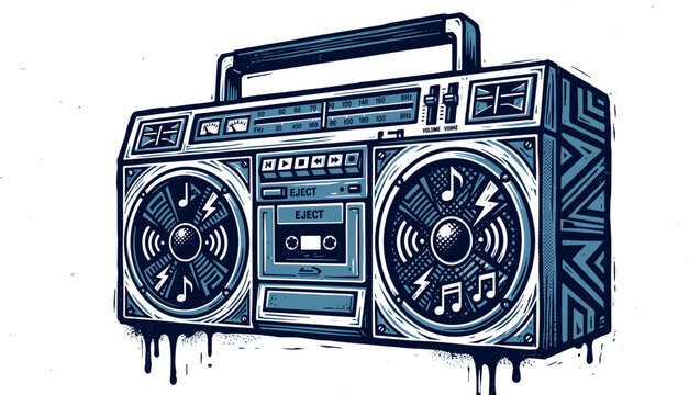 Retro retro boombox ghetto blaster vector illustration featuring detailed line work geometric side patterns and black ink paint drips