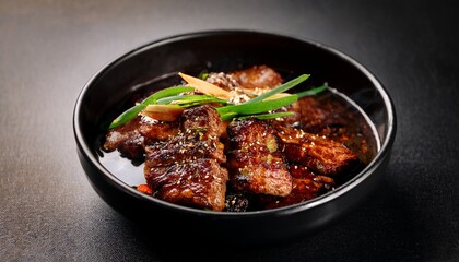 Fototapeta premium korean street food delicious grilled meat served in a stylish black bowl