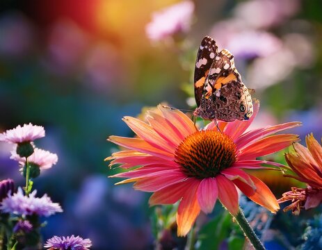 colorful butterfly resting on blooming flowers in vibrant garden showcasing nature beauty and tranquility