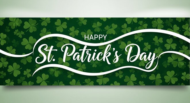 Happy St. Patrick's Day banner with green clover shamrock pattern and white script for festive holiday celebration