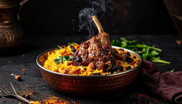 Steaming quzi lamb. Authentic arabian roasted meat dish served with flavorful spiced yellow rice and roasted nuts.