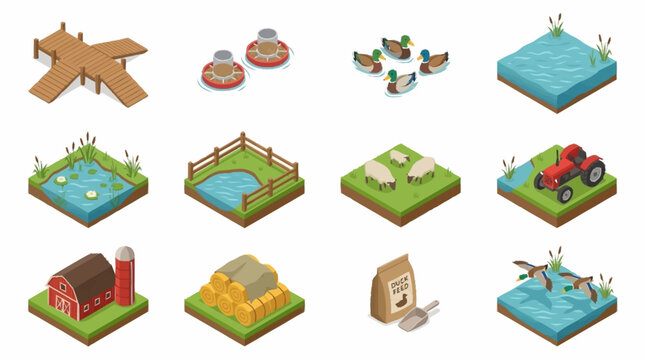 Colorful isometric icons of nature and objects on green platforms.