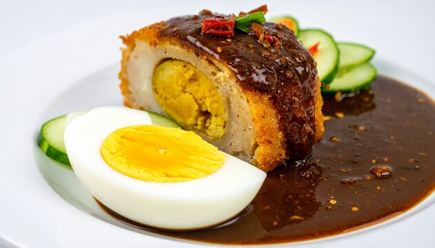 Delicious pempek fish cake with egg. Close up of traditional palembang culinary showing egg stuffed fish cake covered in sweet sour dark sauce.
