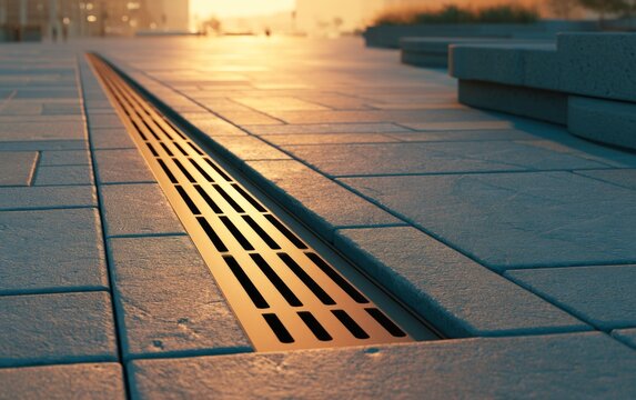 Urban Linear Drain System in Modern Landscape at Sunset