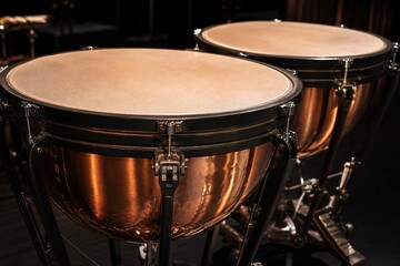 Fototapeta premium A pair of polished copper kettledrums with taut drumheads gleaming under focused stage lighting.