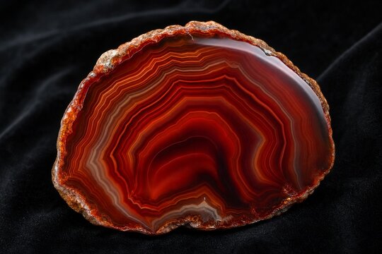 A polished slice of deep red-brown agate stone on dark velvet.