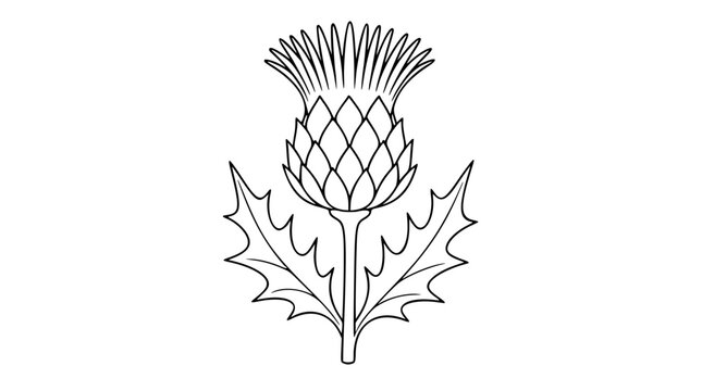 Detailed thistle flower vector illustration featuring sharp spiky leaves and a textured bloom, clean black line art style on a white background, ideal for botanical designs and nature-themed projects.