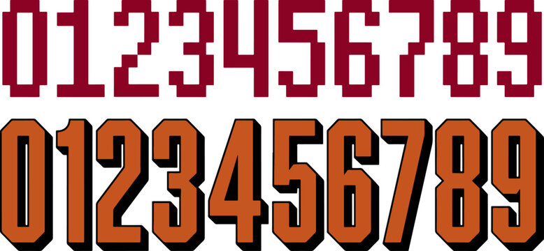 Pixel art numbers and vintage sports style typography numeric set for graphic design