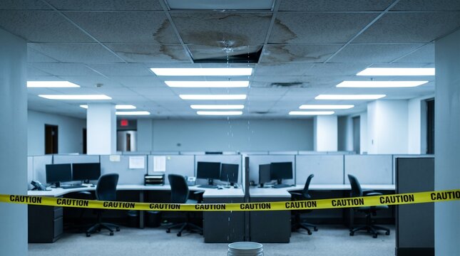 Water leaking from office ceiling onto floor. Damaged drop tile and yellow caution tape marking hazardous area.