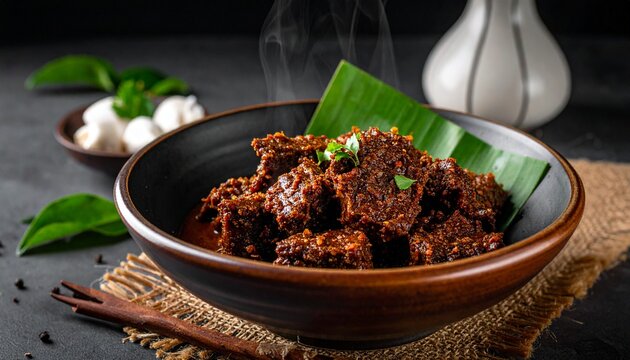Traditional indonesian rendang. Aromatic spicy caramelized beef curry served in a dark bowl over fresh green banana leaf.