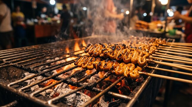 isaw pork intestine skewers grilling over charcoal flames at a lively night market stall