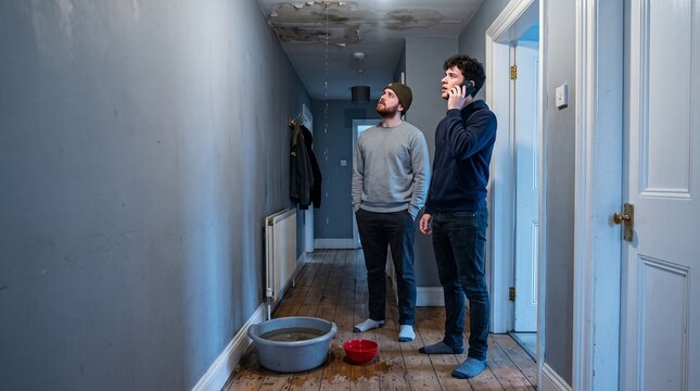 Two men observing water leaking from ceiling in hallway. House resident reporting plumbing emergency via phone call. Property damage caused by pipe burst or roof leak, home maintenance.