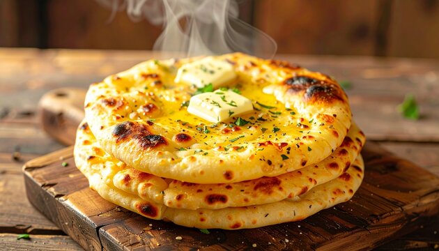 Hot garlic butter naan. Close up of freshly baked indian flatbread with melting yellow butter and chopped garlic.