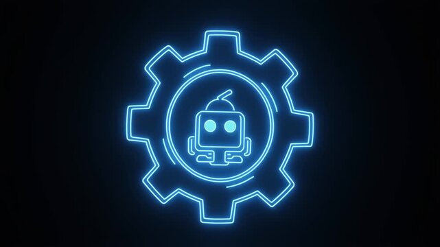 Neon blue gear with robot icon, symbolizing AI automation, engineering precision, and futuristic digital innovation in glowing composition.