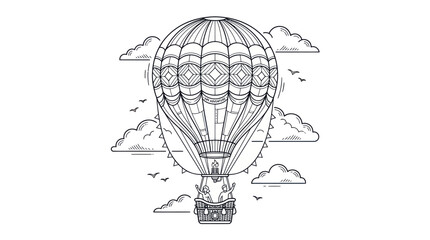 Fototapeta premium Ornate hot air balloon flying through clouds line art.