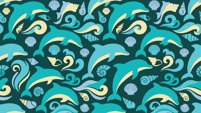 Seamless pattern featuring stylized dolphins swimming among seashells in turquoise and teal hues. Flat vector illustration EPS 10.