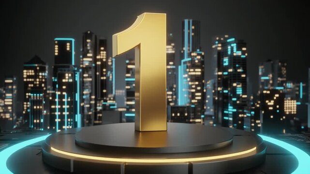 Golden number one on futuristic platform with glowing city lights, symbolizing success, innovation, and leadership in modern digital style.