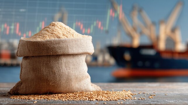 Wheat grains in a jute sack and wheat flour on a blurred background of a cargo ship with a stock market chart.
