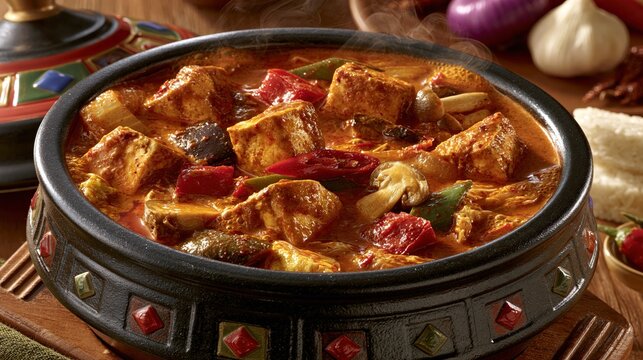 Delicious vegetable and tofu curry served in a decorative bowl.