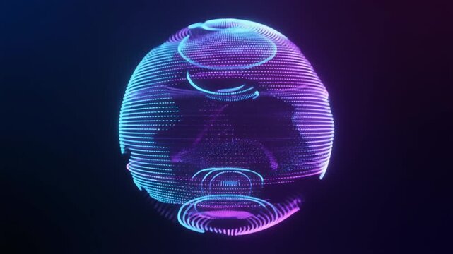 Glowing digital sphere with blue and purple neon lines, symbolizing data flow, connectivity, and futuristic technology in abstract composition.