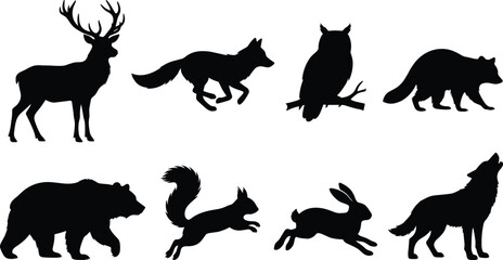 Forest wild animals vector silhouettes set featuring deer stag running fox owl raccoon grizzly bear squirrel hare and howling wolf © Robiul