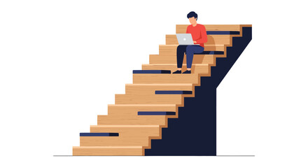 Fototapeta premium Man Sitting on Wooden Stairs Working on Laptop, Career Growth, Success, and Online Education Concept Flat Vector Illustration Isolated on White