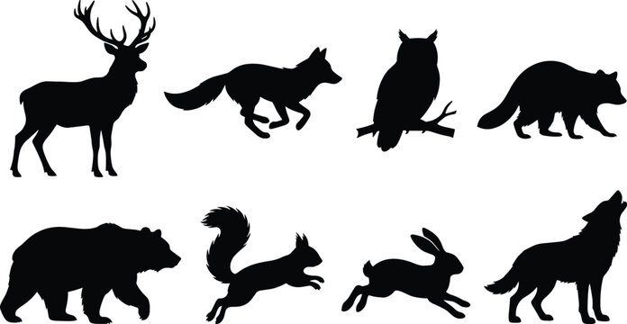 Forest wild animals vector silhouettes set featuring deer stag running fox owl raccoon grizzly bear squirrel hare and howling wolf