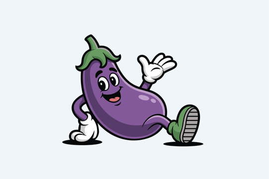 Cartoon eggplant character sitting and waving with smiling face expression.