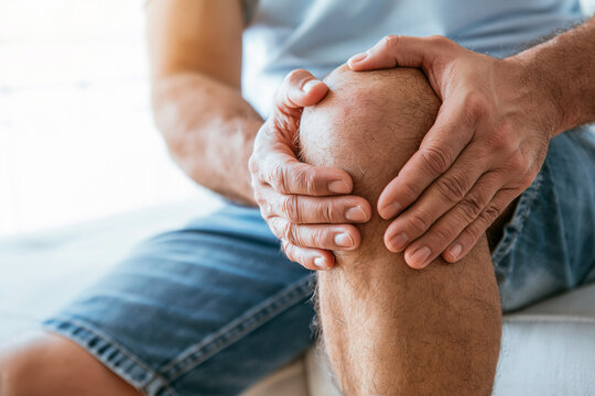 Close up of a person's hands clutching their right knee, indicating pain or injury.